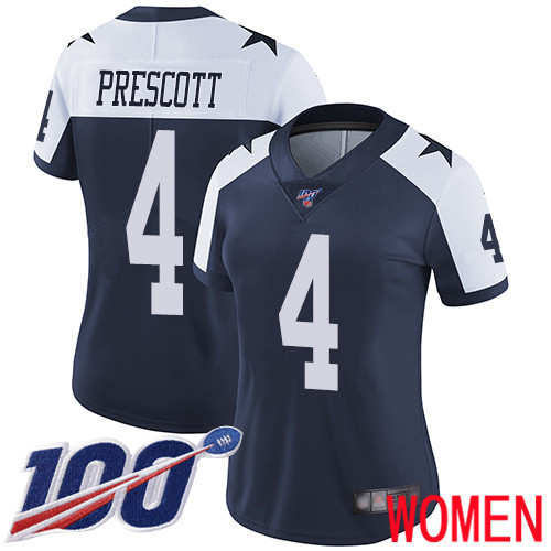Women Dallas Cowboys Limited Navy Blue Dak Prescott Alternate #4 100th Season Vapor Untouchable Throwback NFL Jersey->women nfl jersey->Women Jersey